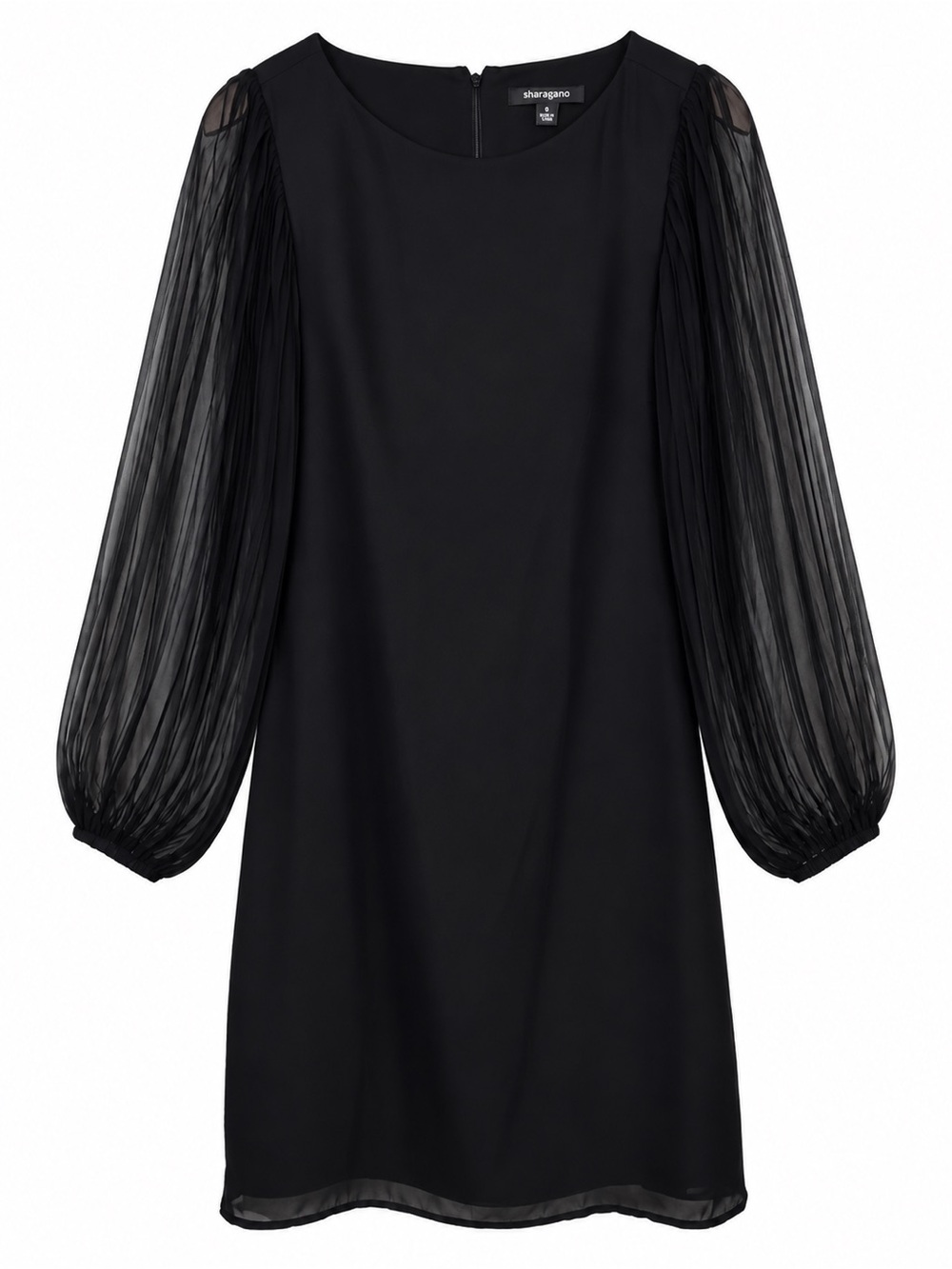 Sharagano Black Pleated Sheer Sleeve Dress Size 6 Zip Back